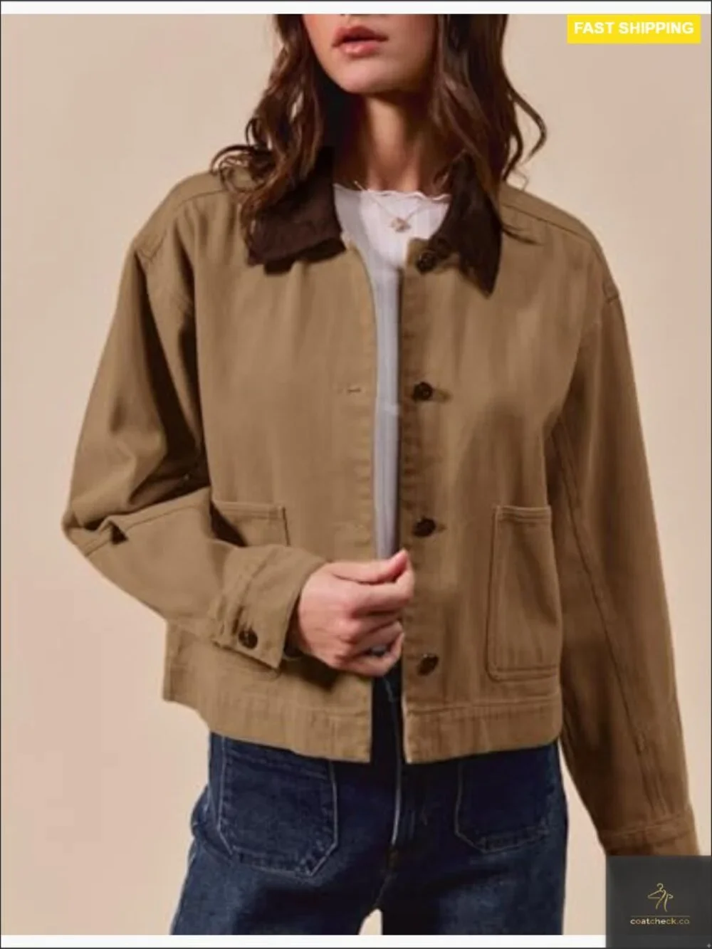 Cropped Barn Jacket Button Down Cord Collar with Pockets Trendy Work Outerwear